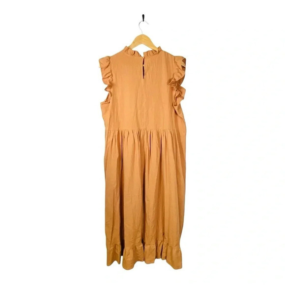 Smock Dress‎ Mock Neck Ruffle Trim Camel Flounce Cap Sleeve Women Size Large - Picture 4 of 10
